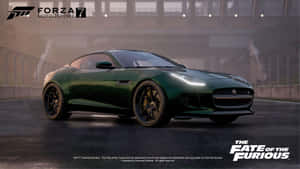 綠色Jaguar F-Type賽車在潮濕賽道上，帶有遊戲和電影品牌標誌。 — 綠色動態圖 壁紙