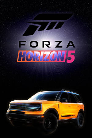 橙色SUV在發光的Forza Horizon 5標誌下，襯以繁星點點的夜空。