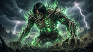 骷髏戰士 發光綠色能量 岩石地形 風暴天空 閃電