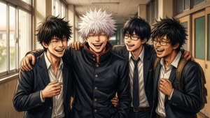四個動畫男學生在走廊裡互相搭著肩膀一起大笑。