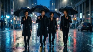 四個穿著黑色風衣的男人在雨夜的城市裡撐傘行走，霓虹燈光反射在濕漉漉的瀝青路面上。