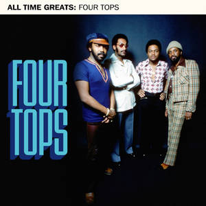 Four Tops 樂隊照片，1970年代風格，帶有醒目的藍色文字。