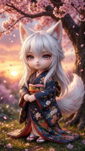 一個穿著花卉和服的可愛狐狸女孩在夕陽下坐在櫻花樹下
