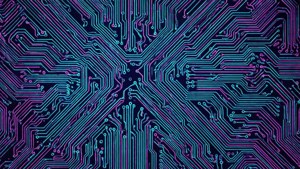 黑色背景上帶有藍色和紫色線條的抽象發光電路板設計