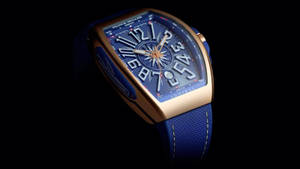 奢華Franck Muller Admiral手錶，金色錶殼和藍色錶帶，黑色背景。 — 藍色 壁紙