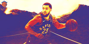 身穿Raptors球衣的籃球運動員在山脈背景下運球。 — 深紫色美學 GIF 壁紙