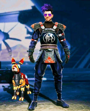 賽博龐克武士與機械狗在未來城市景觀中。
