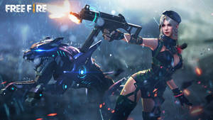 女戰士與機械老虎在雨中霓虹戰場發射武器。