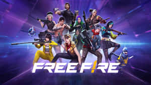 Free Fire 遊戲角色以戰鬥姿態搭配發光紫色霓虹背景。