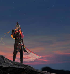 武士戰士在黃昏的懸崖上手持發光劍，星空下 — 武士Champloo 壁紙