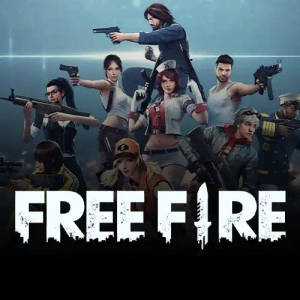一群武裝遊戲角色以戰鬥姿勢與「FREE FIRE」標誌。