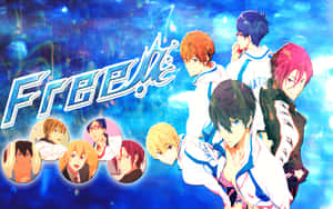 藍色水中的動畫游泳者，帶有標題《Free!》和角色肖像。