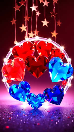 紅色和藍色水晶心形懸浮在發光的圓圈中，帶有懸掛的星星和閃閃發光的地板。
