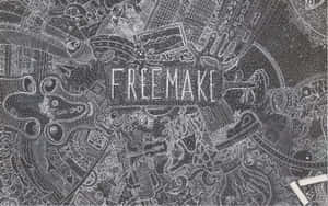 複雜的粉筆塗鴉藝術，以 freemake 這個詞為中心，周圍環繞著奇思妙想的設計。