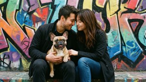 情侶在色彩繽紛的塗鴉牆前抱著法國鬥牛犬