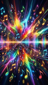 一條由發光音樂音符和聲波組成的隧道，以鮮豔的霓虹色散發光芒。