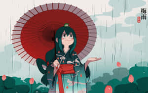動漫女孩穿和服在雨中蓮花池場景中撐紅傘。