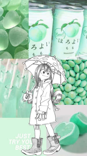 動漫女孩撐傘，周圍環繞著薄荷綠色汽水和糖果，並附有勵志文字。