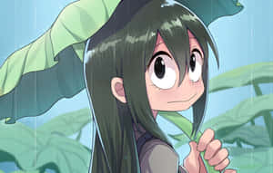 動漫女孩在雨中葉傘下微笑。