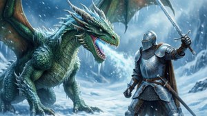 銀甲騎士在雪山上面對噴吐霜凍的冰龍