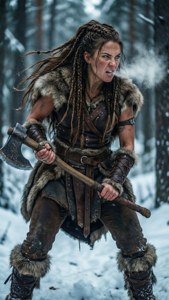 一個穿著毛皮和皮革的女戰士在雪地森林中揮舞斧頭。