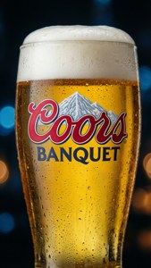 冰凍的 Coors Banquet 啤酒杯，帶有水珠和泡沫。