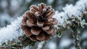 一個結霜的棕色松果在冬天坐在積雪的樹枝上。