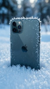 一部結霜的 iPhone 13 Pro Max 站立在深雪中，背後有模糊的樹木。