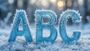 結霜的藍色字母ABC在雪地上，背後有模糊的燈光。