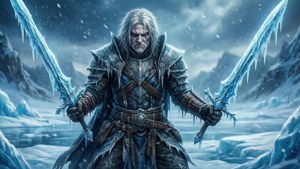 一位身穿冰甲的戰士在雪山風暴中手持兩把冰劍。