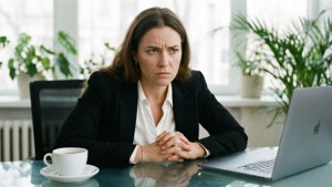 辦公室裡沮喪的女性坐在桌前，面前有手提電腦和咖啡杯。