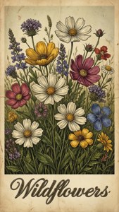 田野中各種野花的復古植物插圖。