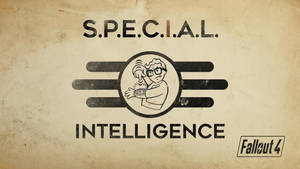 Fallout 4 S.P.E.C.I.A.L. Intelligence標誌，帶有卡通科學家圖案，印在舊紙上。