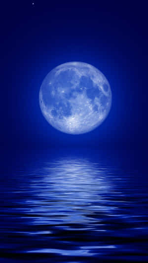 滿月映照在黑暗夜空下的平靜海面上。