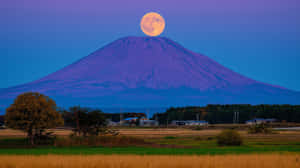滿月在黃昏時分從富士山後方升起，照耀著日本鄉村田野