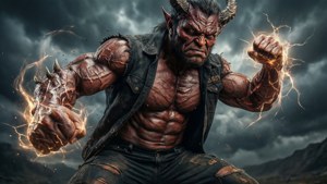 在暴風雲和山中，拳頭發光的憤怒惡魔。