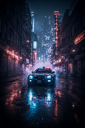 夜間霓虹燈下濕漉漉的街道上閃著警燈的警車