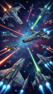 太空船在充滿星系的宇宙戰鬥中發射激光。
