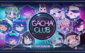 Gacha Club 遊戲畫面，顯示色彩繽紛的動漫角色和霓虹文字。