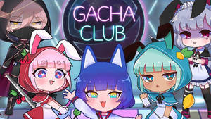 四個穿著色彩繽紛服裝的Q版動漫女孩，在霓虹Gacha Club招牌下。