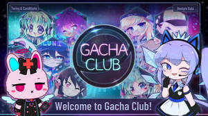 Gacha Club 遊戲歡迎畫面，包含動漫角色和霓虹標誌。