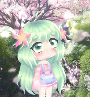 Q版動漫女孩，綠髮粉花，在櫻花下。