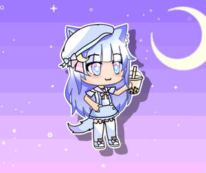 藍髮貓耳動漫女孩在新月下拿著珍珠奶茶。 — Gacha life GIF 壁紙