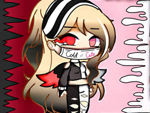 紅眼睛、嘴上貼著「Cold or Cute」膠帶的Q版動漫女孩，背景為紅粉色。 — Gacha life GIF 壁紙