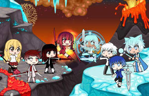 動漫Q版戰士在熔岩和冰的火山島上衝突。 — Gacha life GIF 壁紙