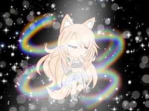 閉著眼睛的Q版狐狸女孩被星星和彩虹漩渦包圍在太空中。
