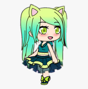 有貓耳和星星眼的Q版動漫女孩，穿著綠色和青綠色的服裝。