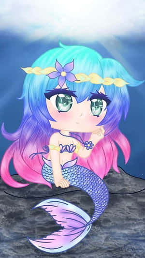 藍色和粉色頭髮的Q版美人魚坐在水下，戴著花冠。