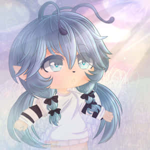 藍髮貓耳的可愛動漫女孩，在粉彩田野中。
