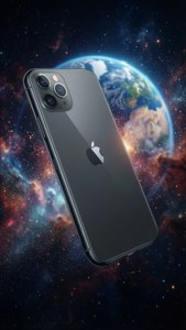 黑色iPhone漂浮在太空中，背後有地球和色彩繽紛的星雲